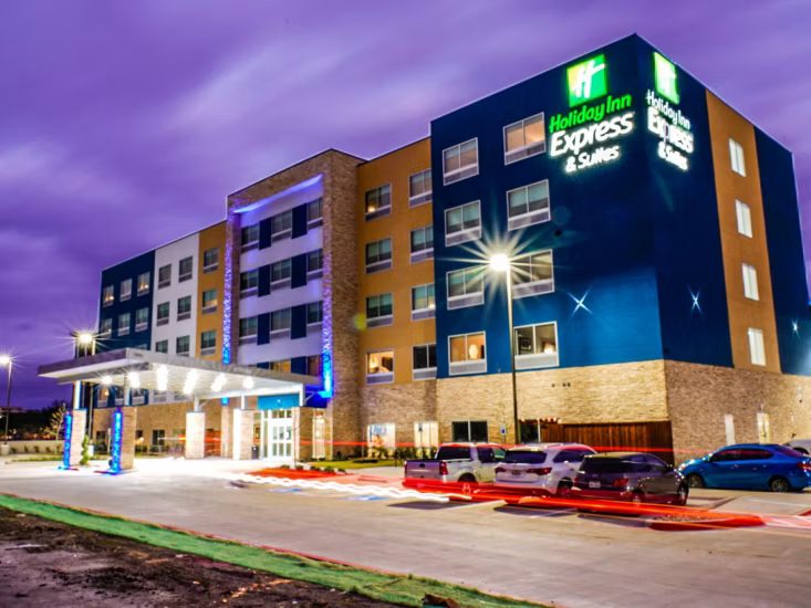 Hotel exterior at dusk